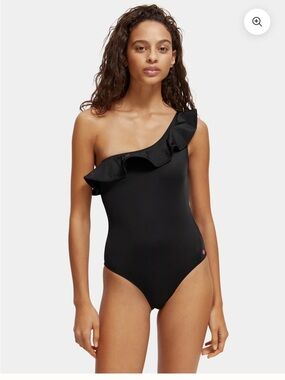 Scotch & Soda Black One-Shoulder Ruffle Swimsuit
